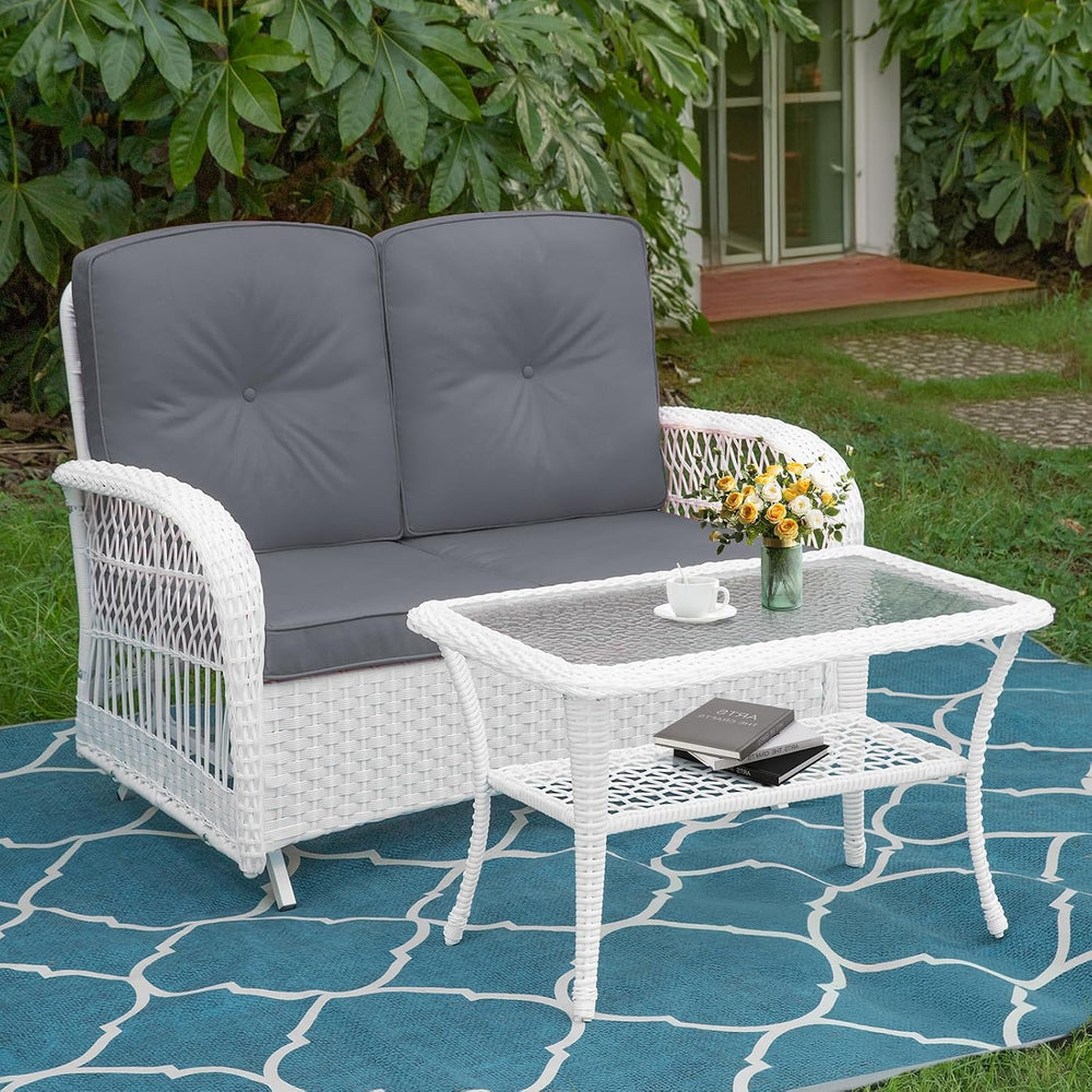MEETWARM Outdoor Wicker Patio Glider Set, Loveseat for 2 Person Porch Furnitu...