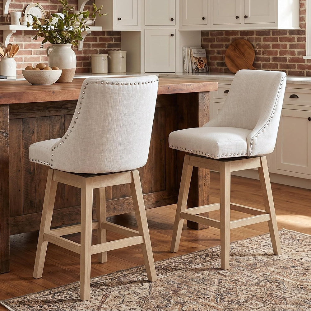 27.5" Bar Stools Set of 2, Linen Fabric Mid Century Modern Swivel Counte...