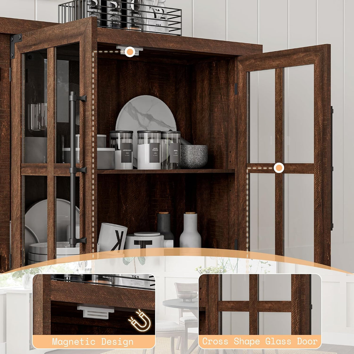 AMERLIFE Farmhouse 63" Buffet Sideboard Cabinet with Glass Door, Brown