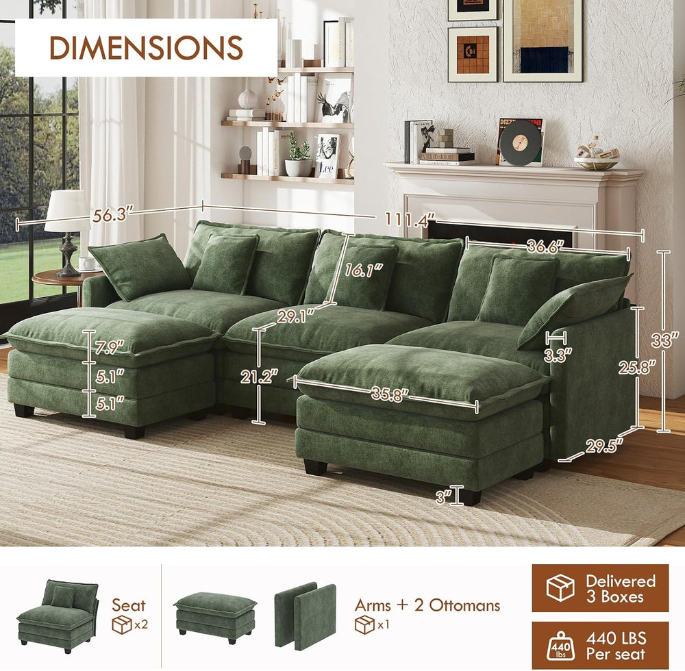 WorthFurni 111.4" Modular Sectional Sofa, U Shape Cloud Couch with 2 Mov...