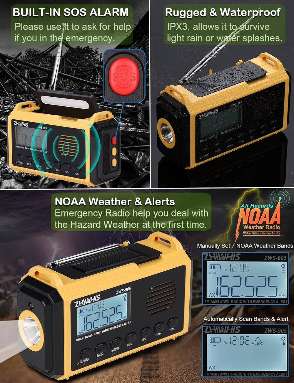 ZHIWHIS Emergency Radio with Auto NOAA Alerts, 10000mAh AM FM SW Weather Radi...