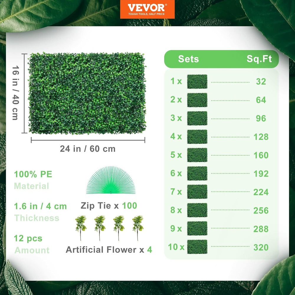 VEVOR 12PCS Grass Wall Panels, 24 x 16 in for 32 Sq Ft, Boxwood Hedge Wall Pa...