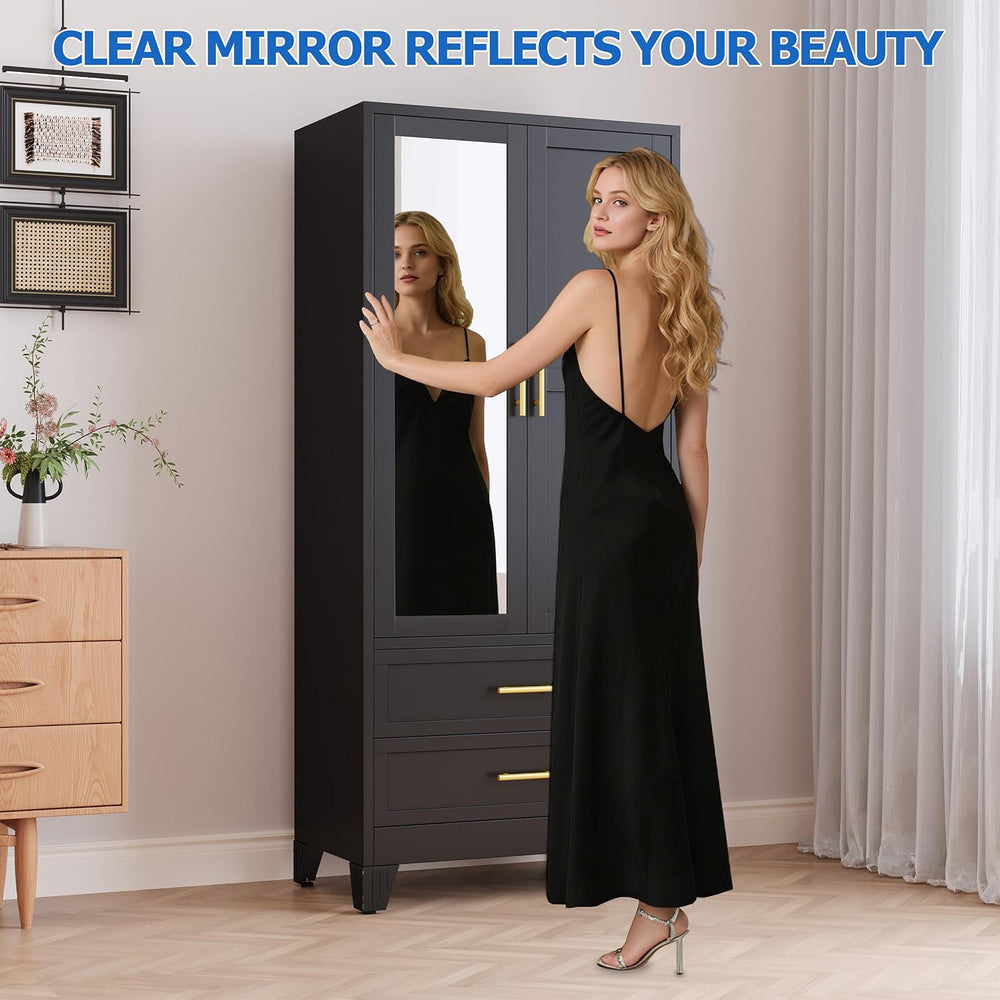 GAIOUS Steel Armoire Wardrobe Closet with Mirror and 2 Drawers 71" Black