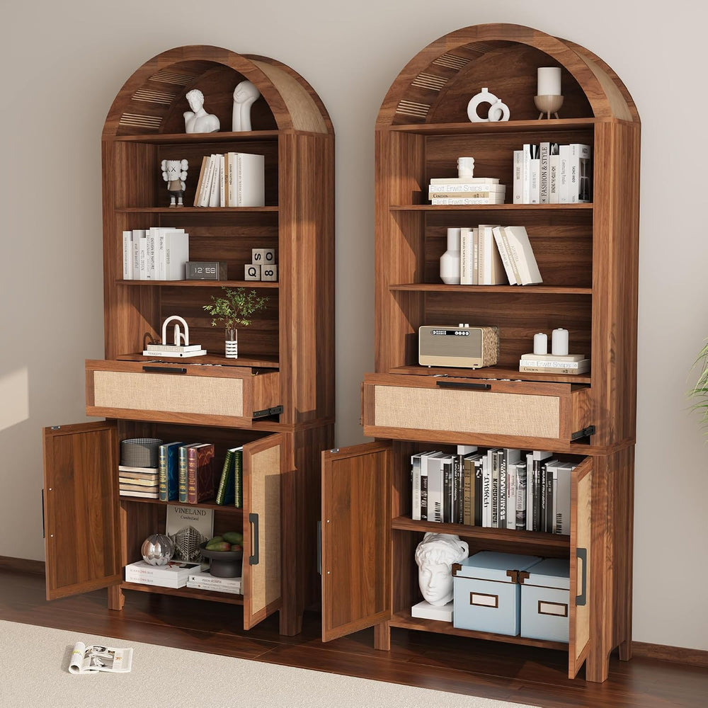 Janmer Home 79" Tall Arched Bookcase Cabinet with Doors, Walnut,Rattan