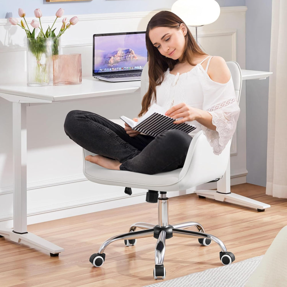 Yaheetech Tufted White Faux Leather Swivel Vanity Desk Chair with Armrests