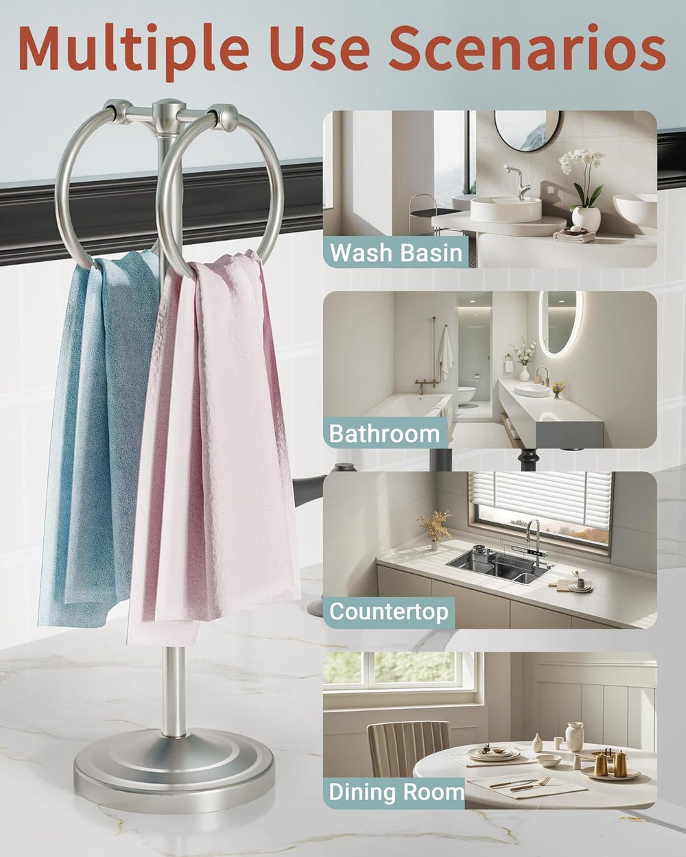 18" Hand Towel Holder Stand with Double Ring, Brushed Nickel