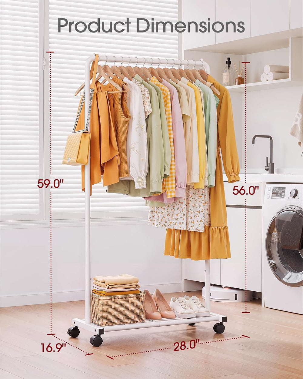 Sakugi Clothes Rack - Clothing Rack with Storage Mesh Shelf & Casters, He...