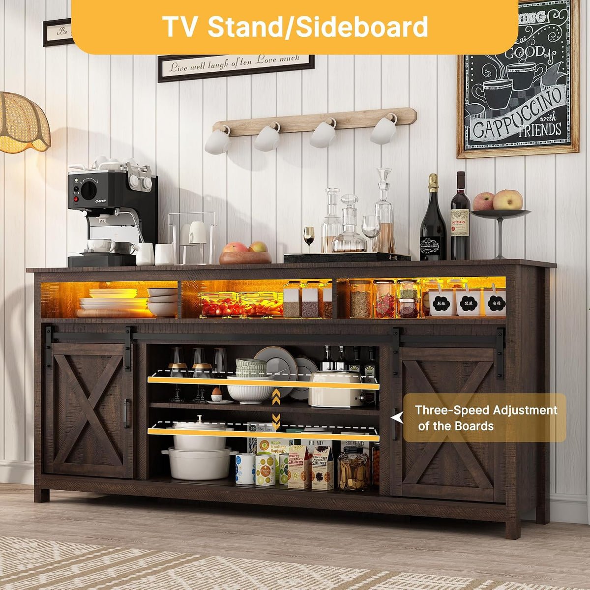 Vinctik 6&Fox 70in Wooden Farmhouse Entertainment Center for 80/75 inch TV,Double Layer Storage Farmhouse TV Stand,Double-Row Sockets with Wood Sliding Barn Door TV Stand(Double Layer Rustic Brown)