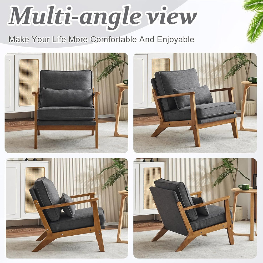 VINGLI Solid Wood Wide Armrests Accent Chair,Upholstered Mid Century Modern C...