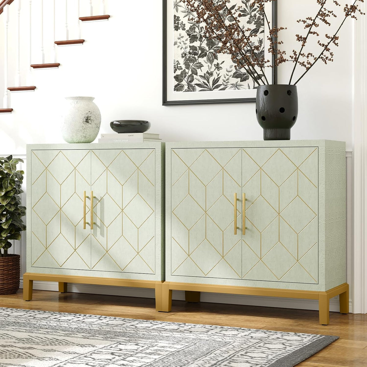 HLR Green Accent Cabinet with Gold Trim,Storage Cabinet with 2 Doors,Modern Wooden Sideboard for Living Room, Kitchen, Office and Hallway