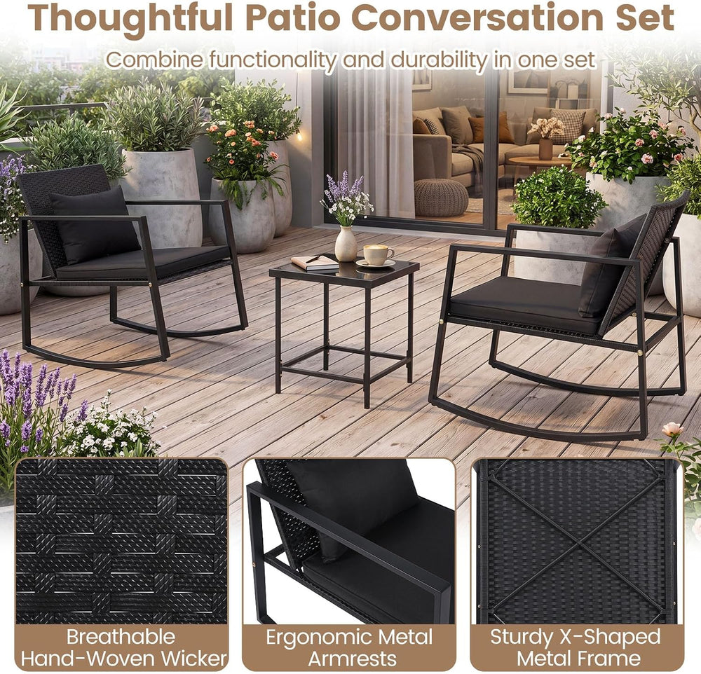 Tangkula 3-Piece Outdoor Rocking Chair Set, Black Cushion