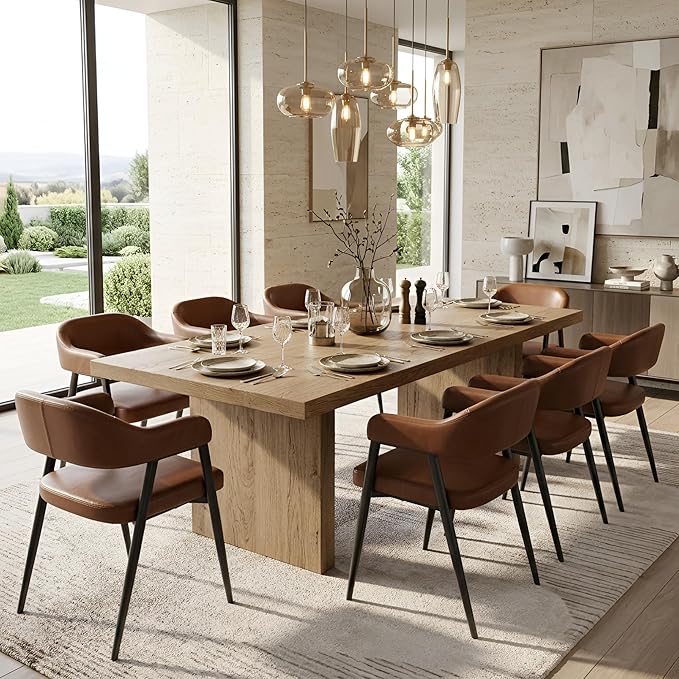 HNY Modern Dining Room Arm Chairs Set of 6, Retro Faux Leather Upholstered Barrel Dining Chairs with Arms Mid-Century Brown Accent Chair with Metal Legs, Open-Back Kitchen Side Chair for Living Room