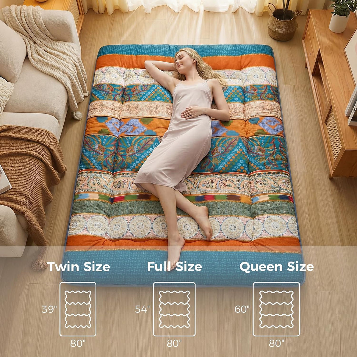 XICIKIN 2.5" Japanese Floor Mattress, Japanese Futon Mattress | Made with 27D Foam, Foldable Floor Mattress with Washable Cover Japanese Futon for Camping, Guest, Bohemian