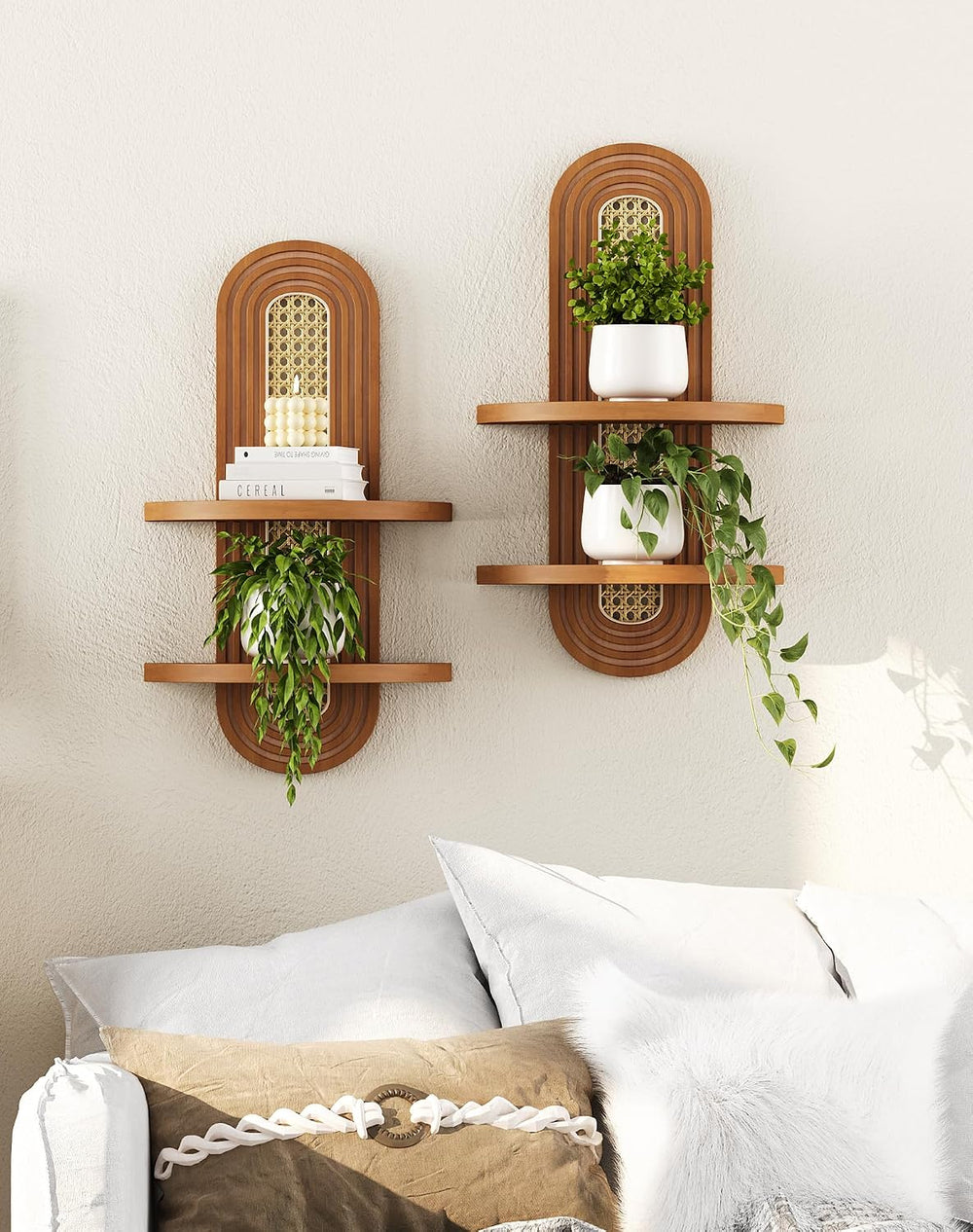 Floating Shelves for Wall,Boho Home Wall Decor,2-Tier Rattan Plant Shelf,Mid ...