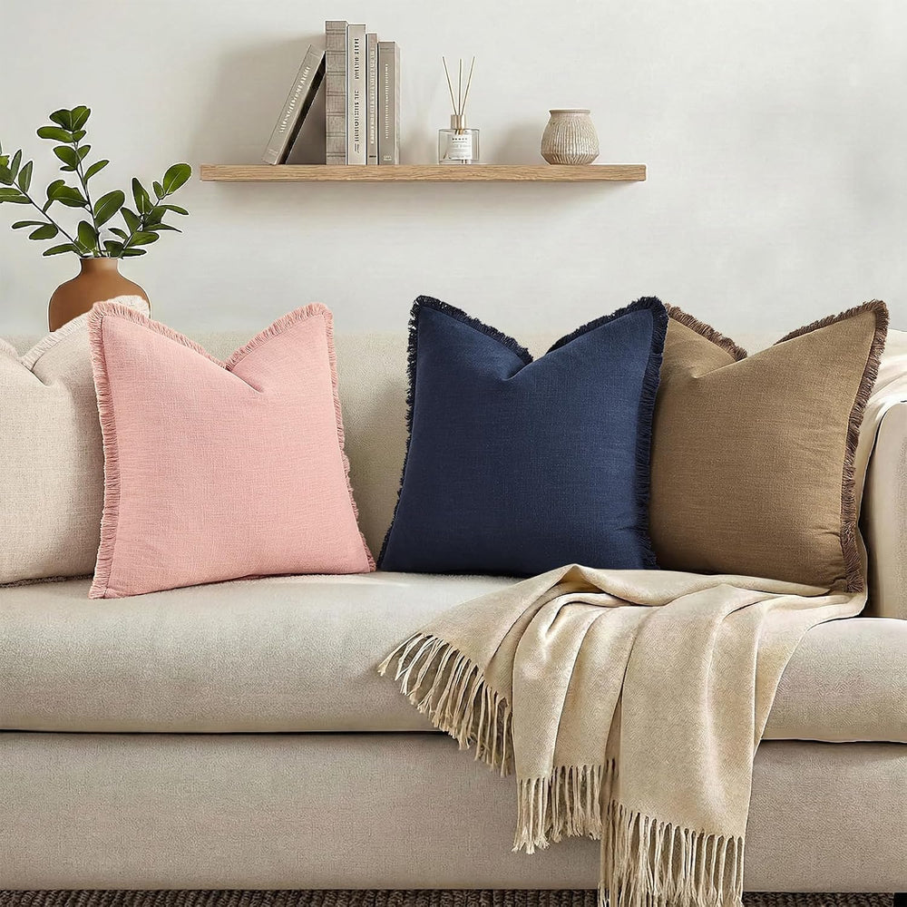 decorUhome Linen Fringe Navy Blue Throw Pillow Covers 20x20 Set of 2