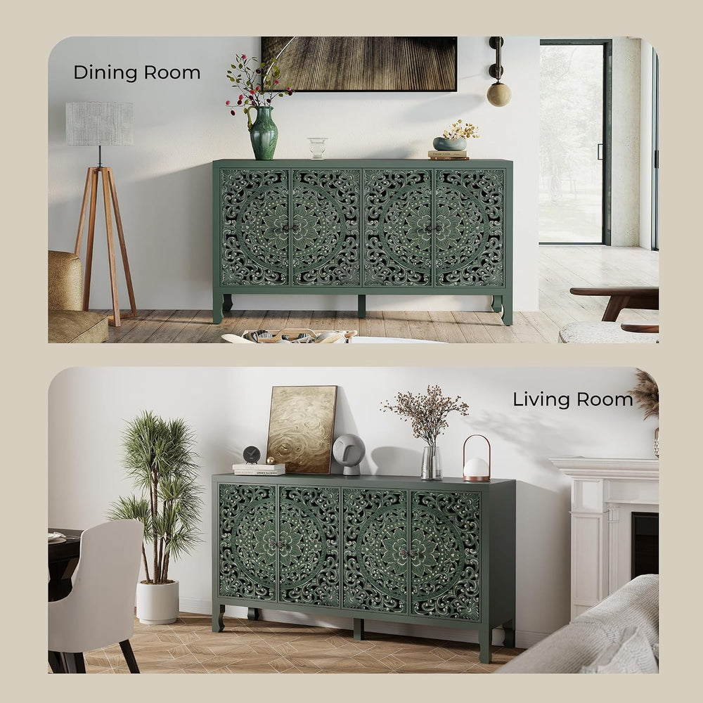 Buffet Cabinet with Storage, 4 Carved Doors Accent Cabinet, Green
