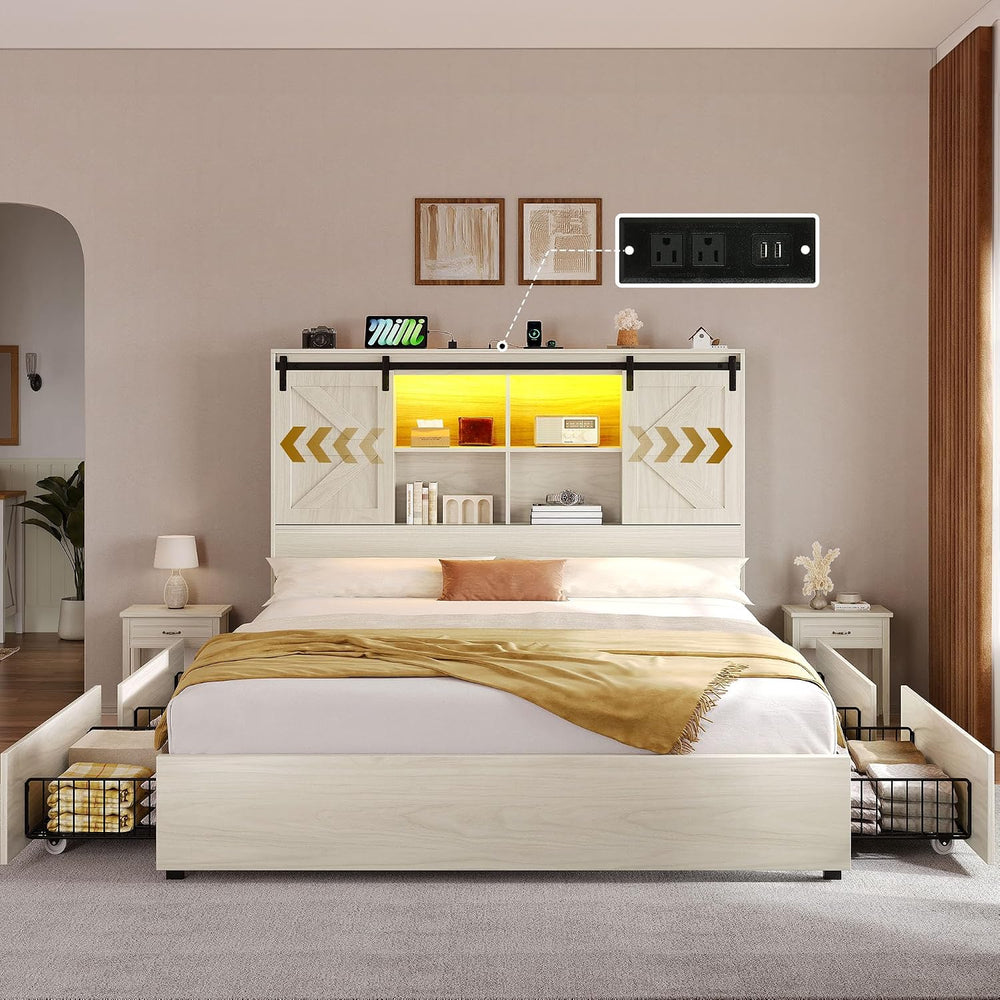 DWVO Farmhouse Queen Size Bed Frame with Storage Bookcase Headboard