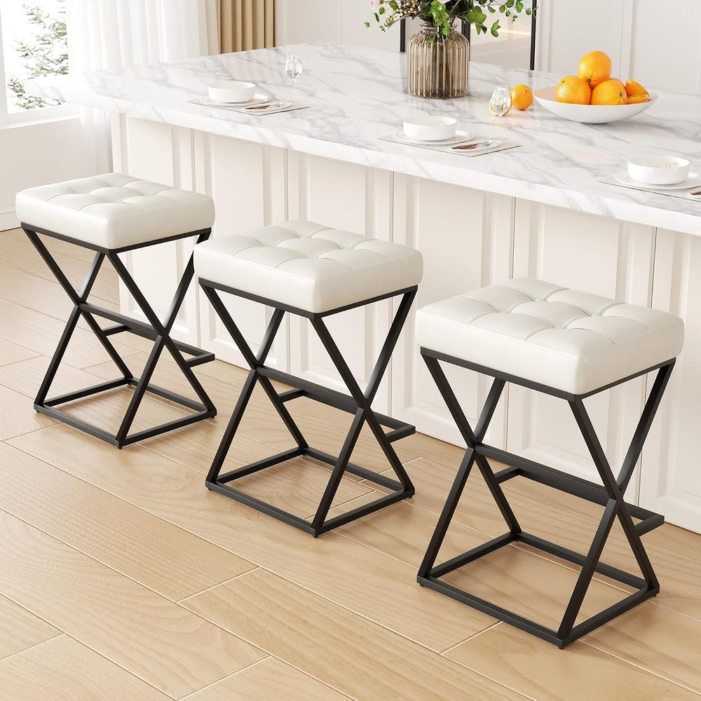 Bar Stools Set of 2, 26" Leather Counter Height Bar Stools, Beige