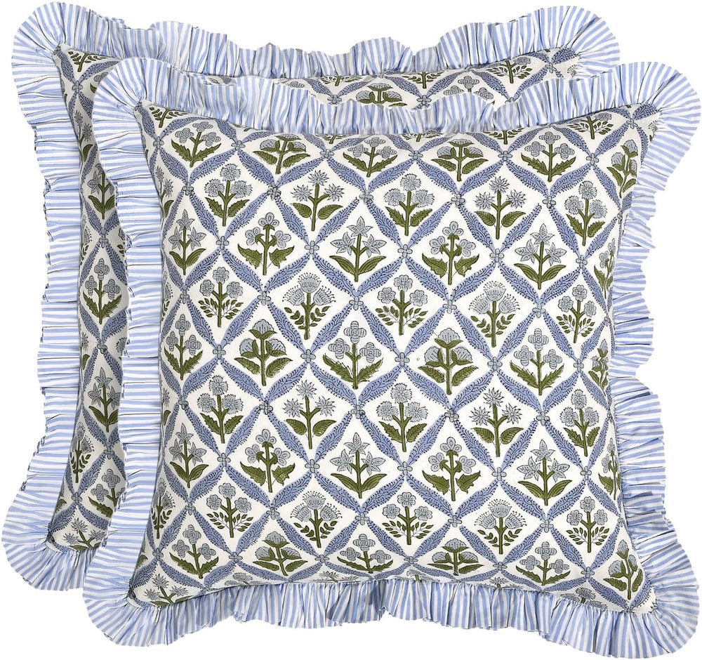 Ridhi Light Steel Blue Block Print Ruffle Pillow Covers 16x16 Inch Set of 2