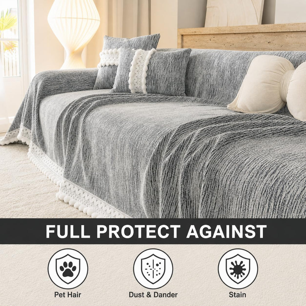 VOGOL Chenille Couch Cover for Sofa, Sofa Covers with Pom Pom Trim