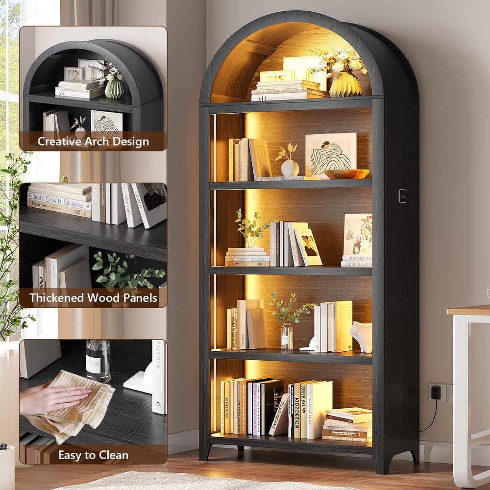 5-Tiber Arched Bookcase with 3-Color Lights & Motion Sensor, Black