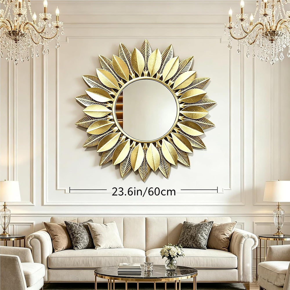 24" Gold Sunburst Flower Decorative Round Mirror for Wall Decor