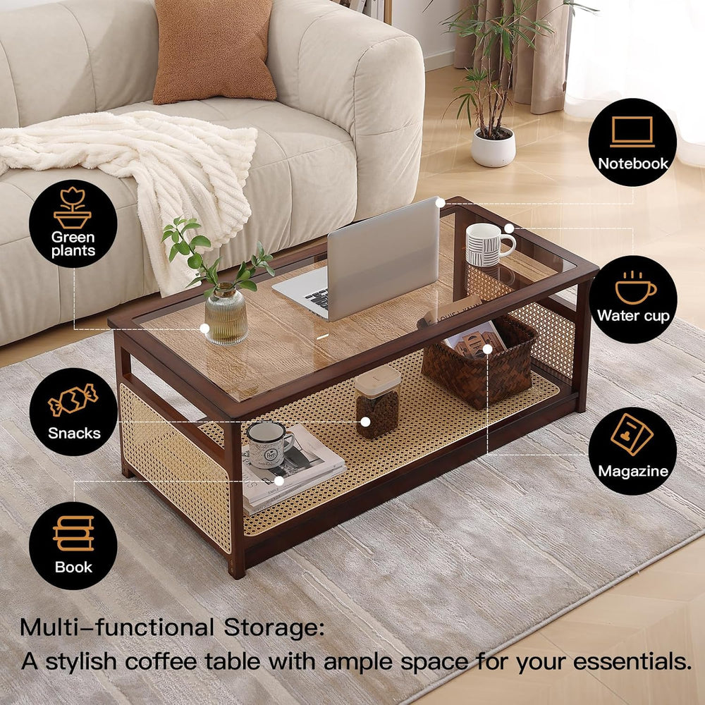 Welnow Rattan Coffee Table, 2-Tier Mid Century Modern Coffee Table, Walnut