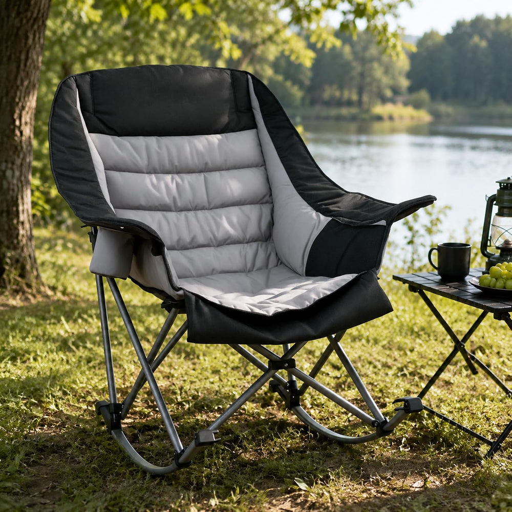 SUNW Oversized 400lbs Foldable Rocking Camping Chair with Cup Holder Side Poc...