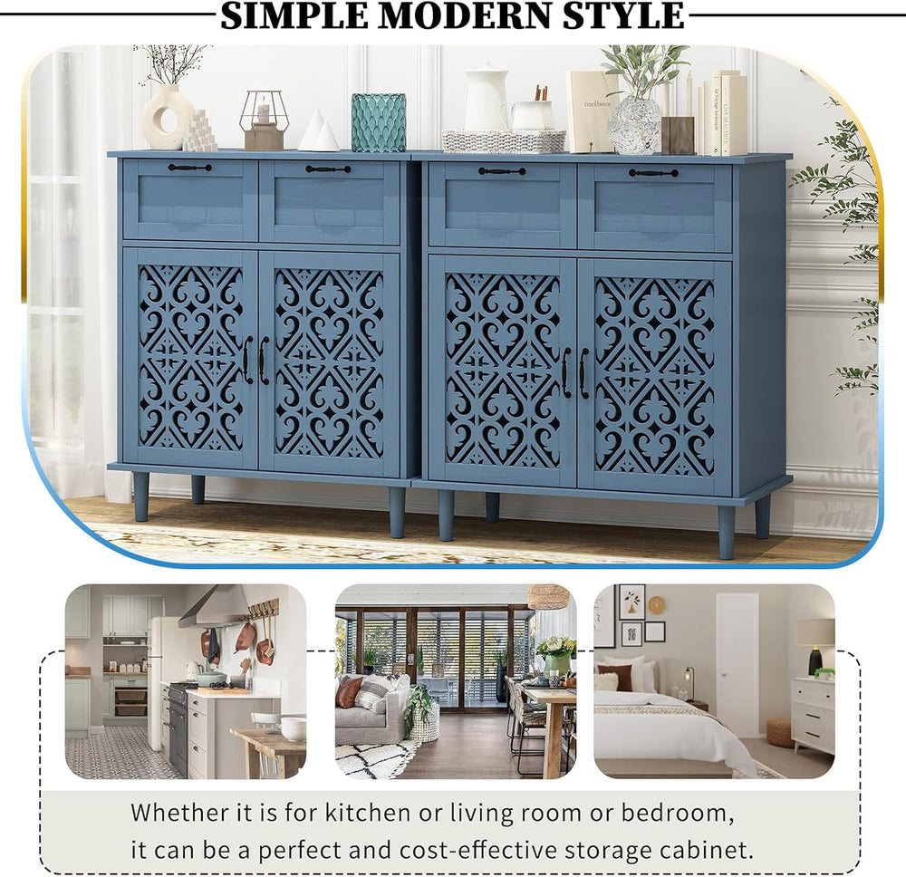 Kitchen Storage Cabinet with Drawers - Accent Cabinet with Carved Door, Floor...