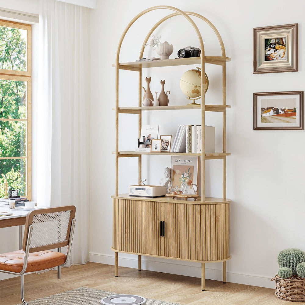 Janmer Home Arched Bookcase,79" Tall Mid Century Modern Bookshelf Cabinet