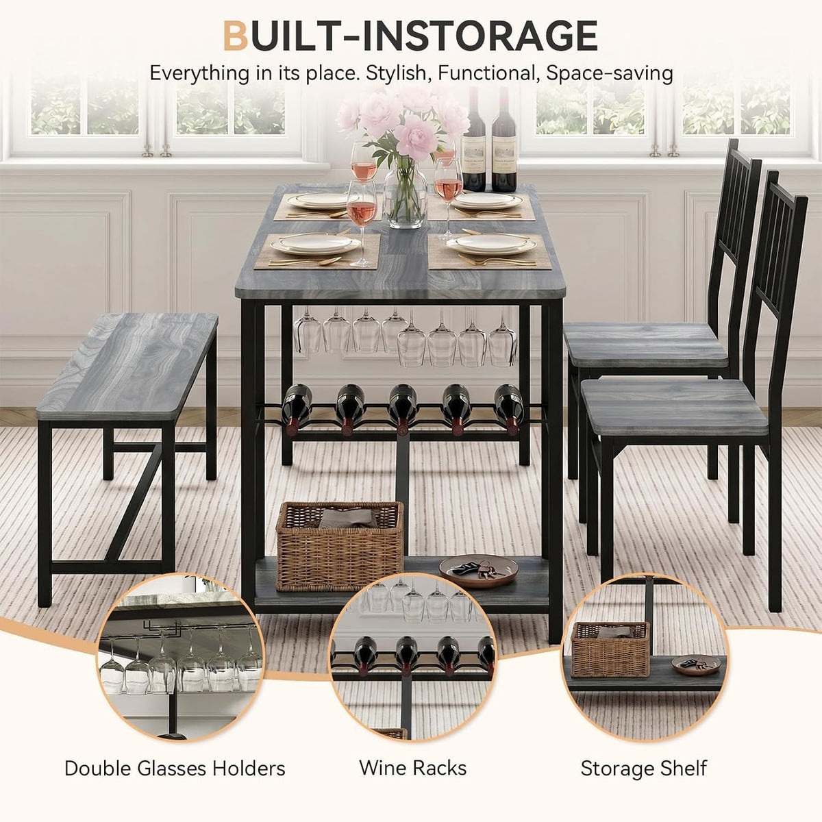 4 EVER WINNER 55-Inch Dining Table Set for 4 with Bench, Wine Rack, Grey | 4-Piece Kitchen Table Set with 2 Chairs, Bench, Stemware Holder and Storage Shelves for Small Spaces and Apartments