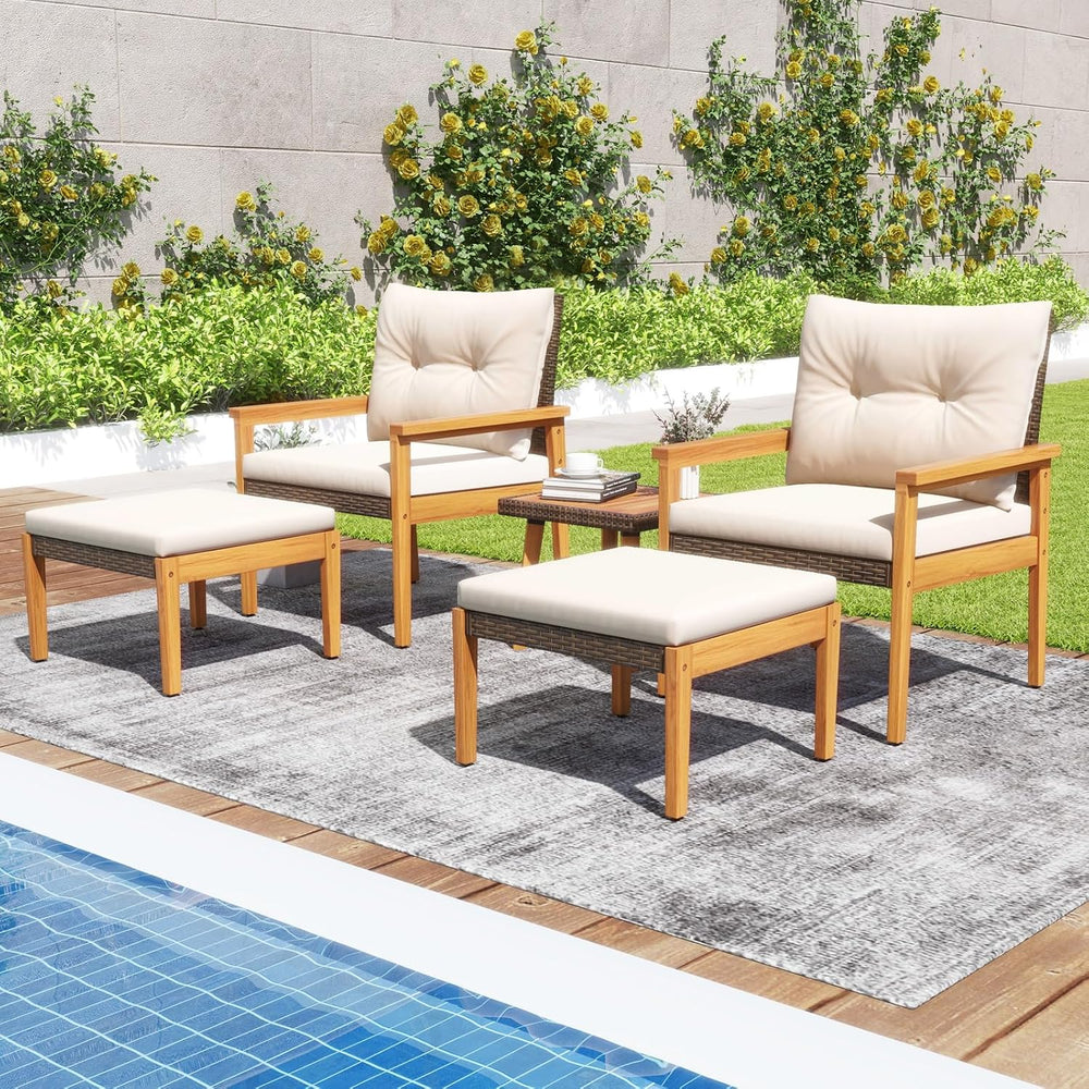 Tangkula 5 Piece Rattan Furniture Set, Wood Frame Chairs & Ottomans w/Squ...
