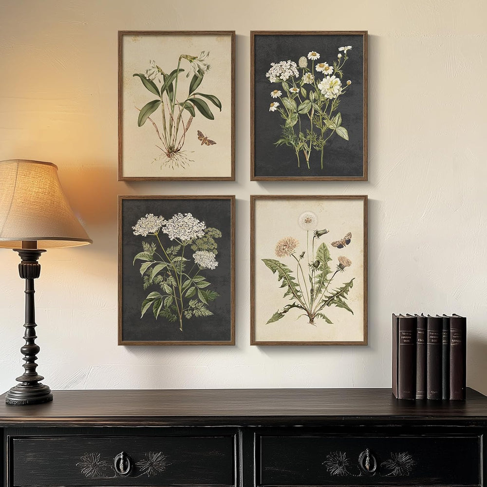 Framed Vintage Botanical Floral Wall Art for Bedroom, 4 Piece 11x14 In