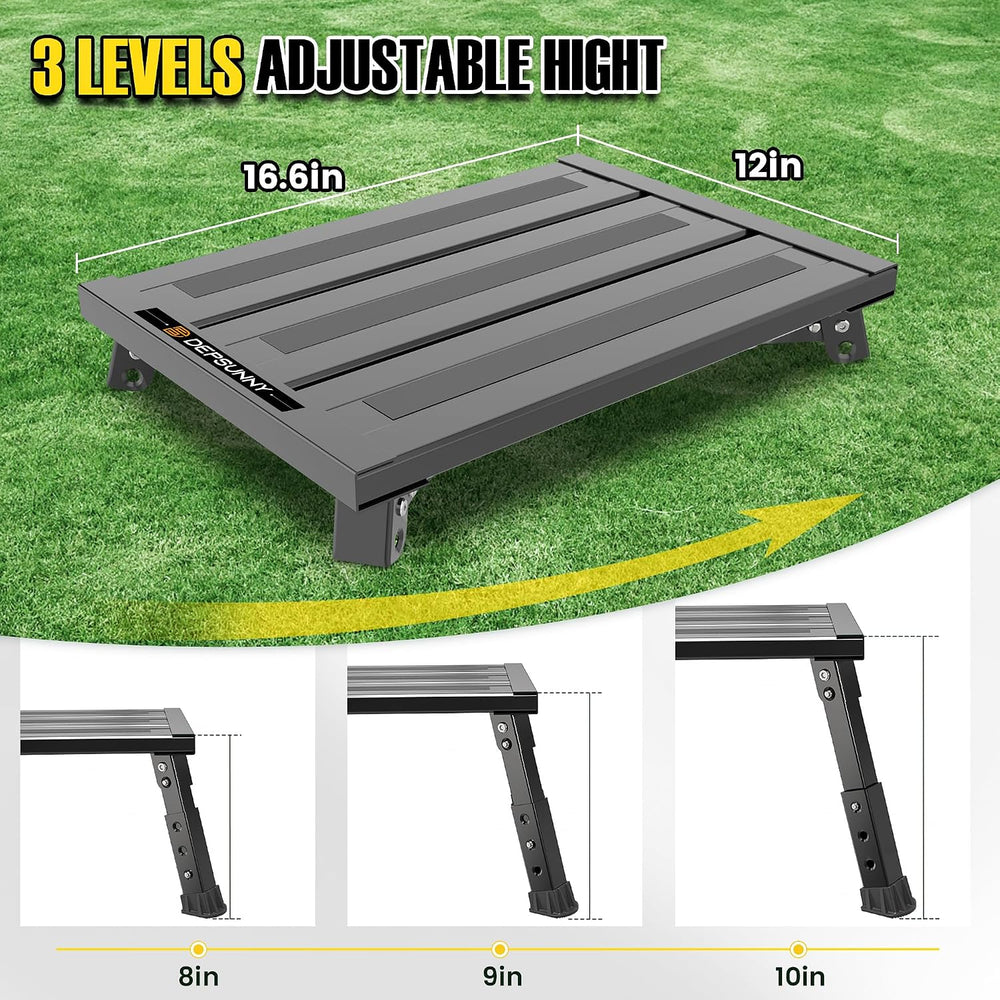 Adjustable RV Step Stool, Wide Platform, Foldable Legs, Black