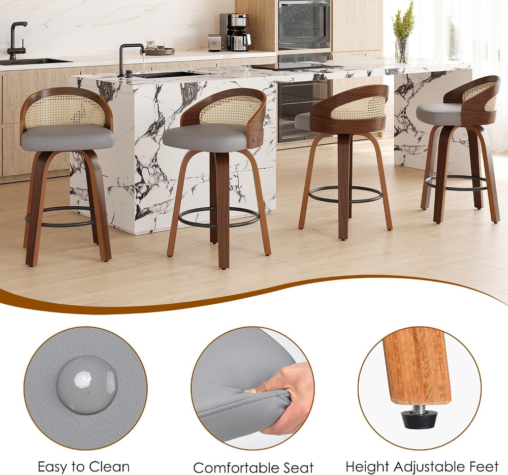 Soohow Swivel Bar Stools Set of 2, Upholstered Barstools with Rattan Back, Fo...
