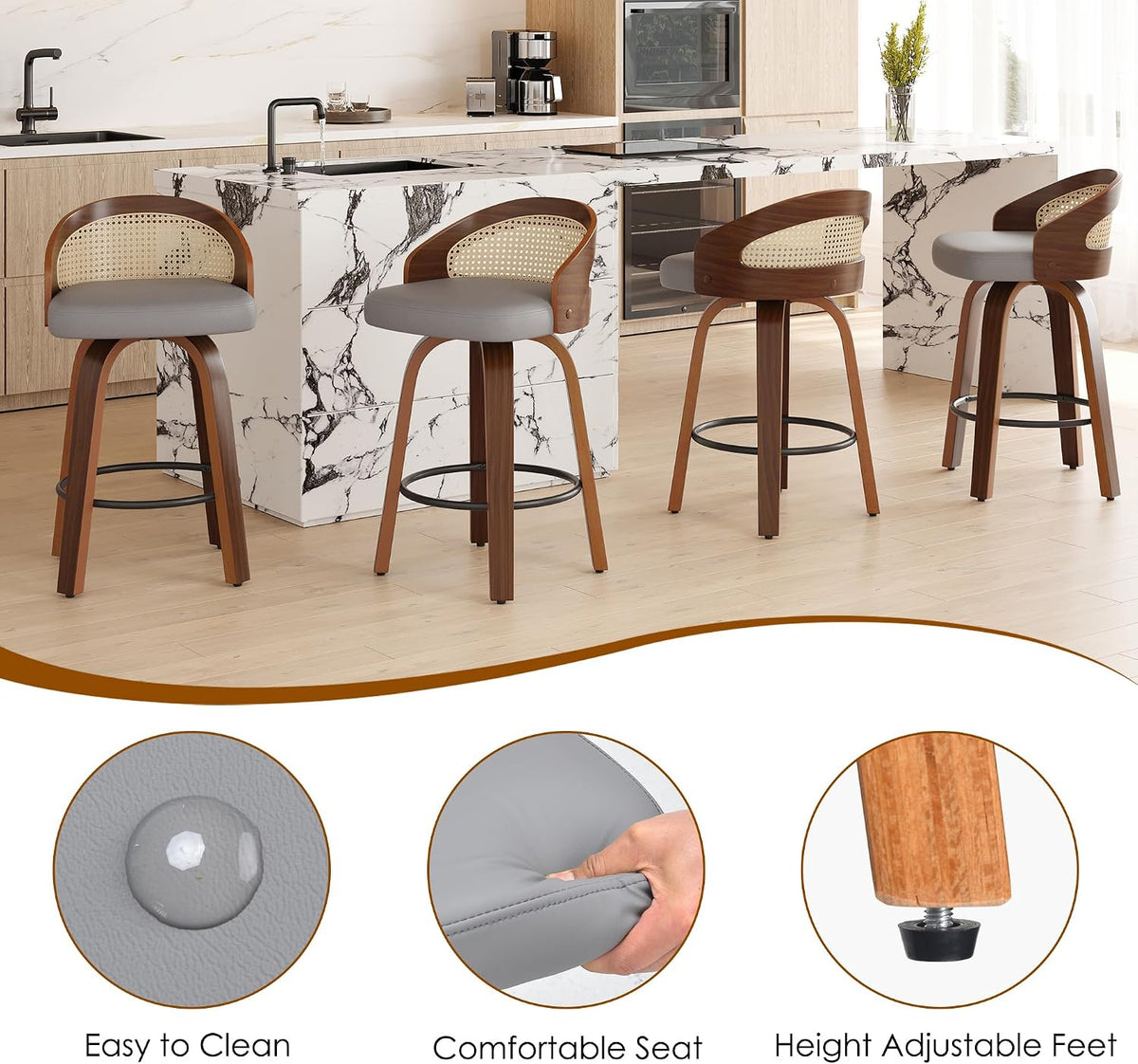 Soohow Swivel Bar Stools Set of 2, Upholstered Barstools with Rattan Back, Footrest, PU Leather Stool, 26 Inch Counter Height Bartools for Bar, Kitchen Counter, Dining Room, Grey