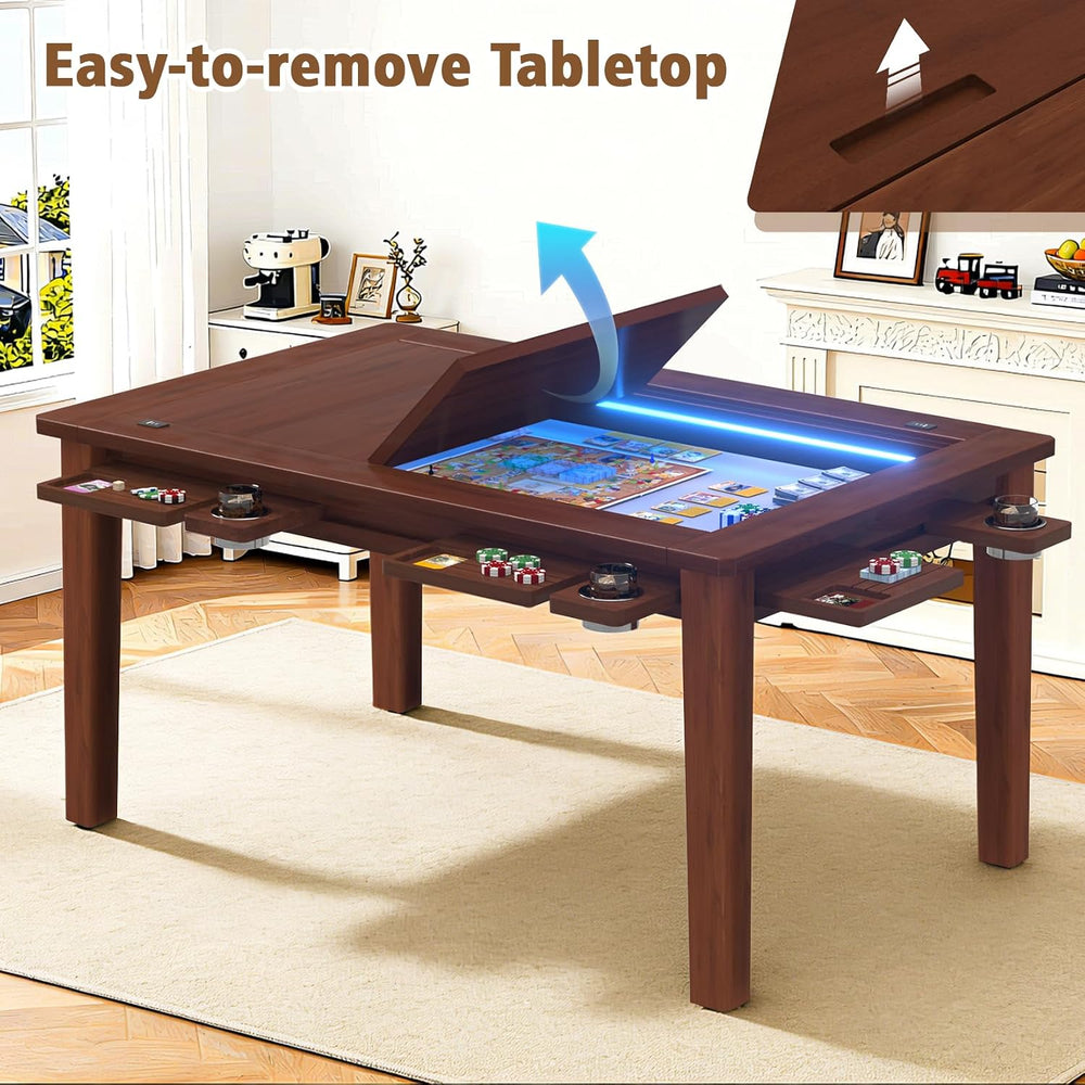 Solid Wood Board Game Table with Colorful Led Lights, Dining/Gaming Table