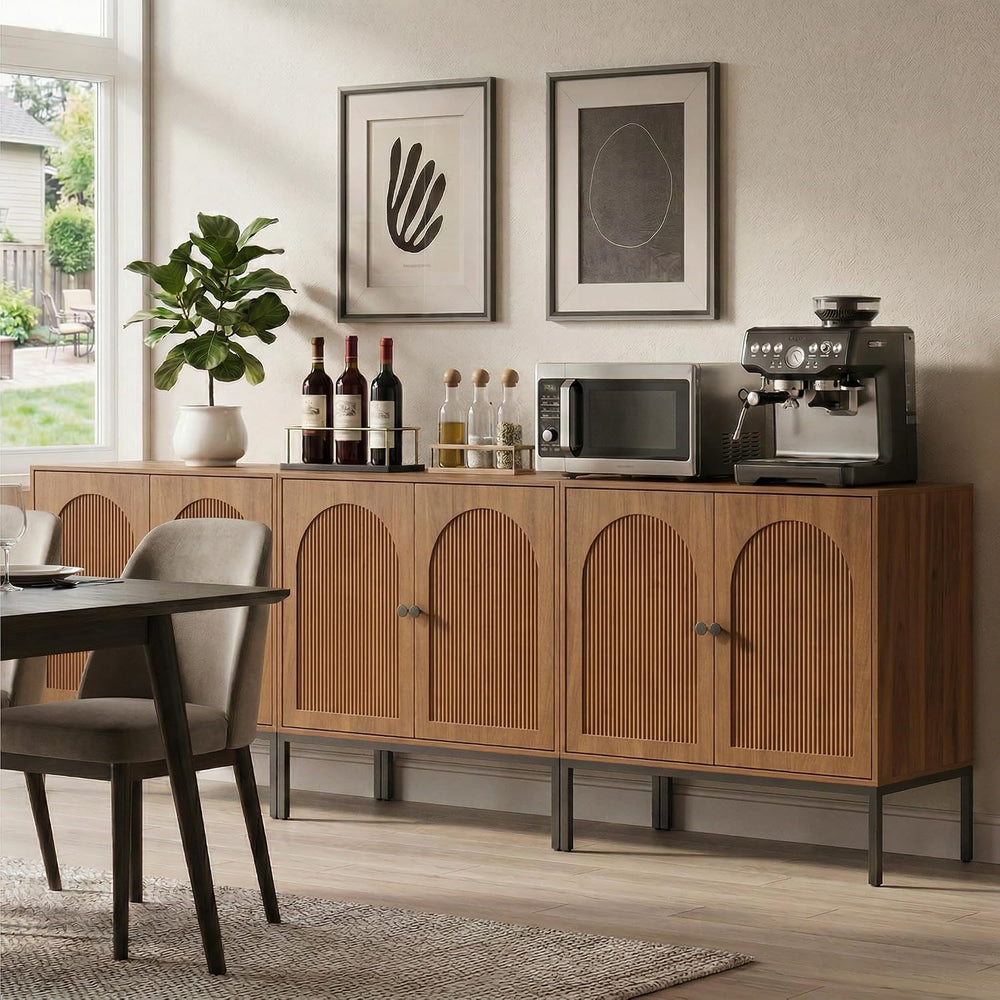 Yechen Modern Fluted Sideboard Buffet Cabinet with Storage, Walnut