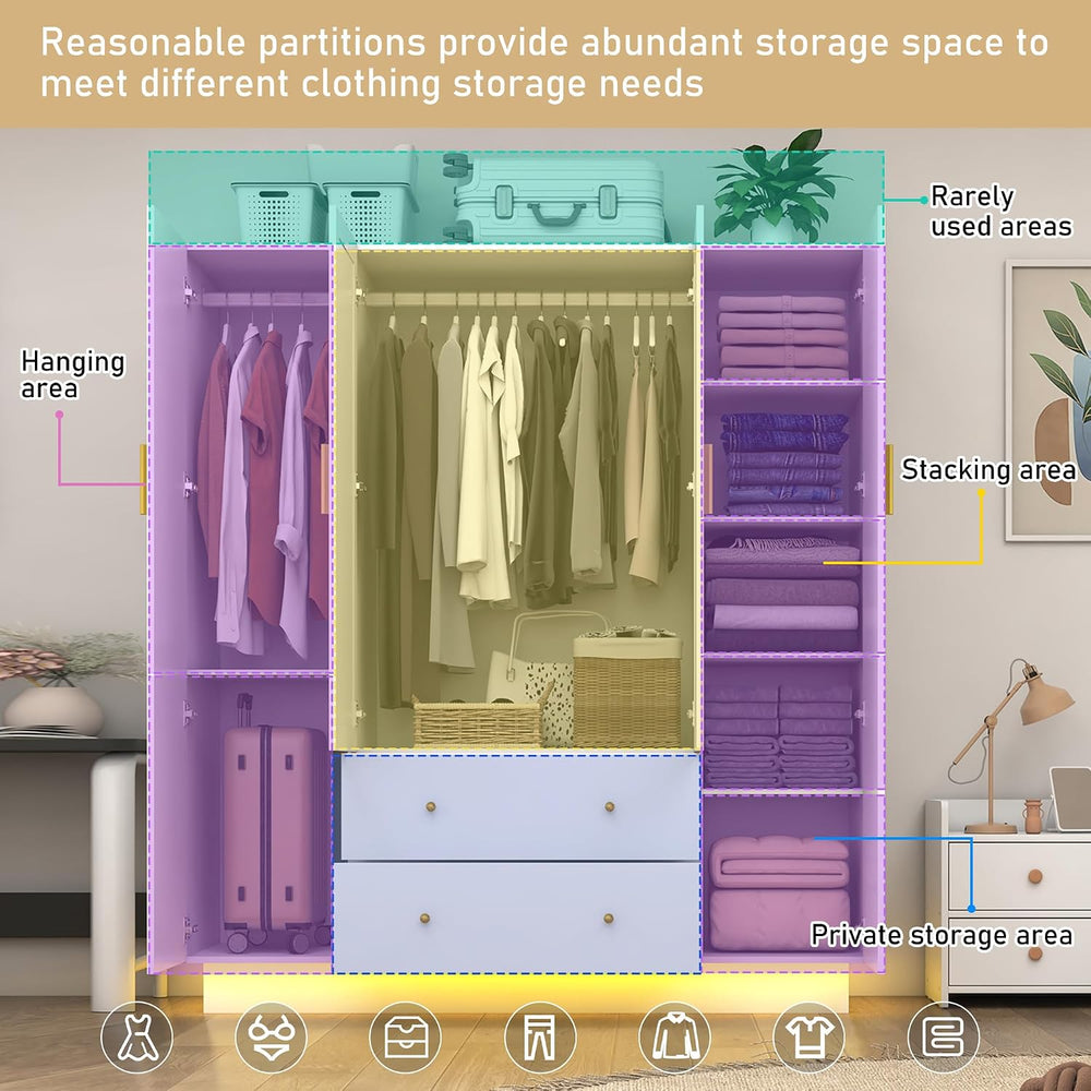 jiteentarou 4 Door Wardrobe Closet with Mirrors and LED Lights, Bedroom Armoi...