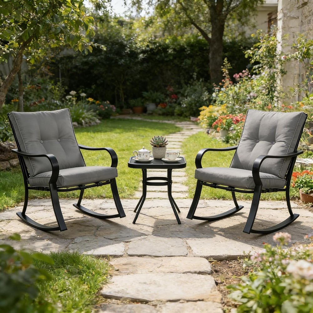 SUNCROWN Outdoor 3-Piece Rocking Chairs Patio Bistro Set Black Steel Furnitur...