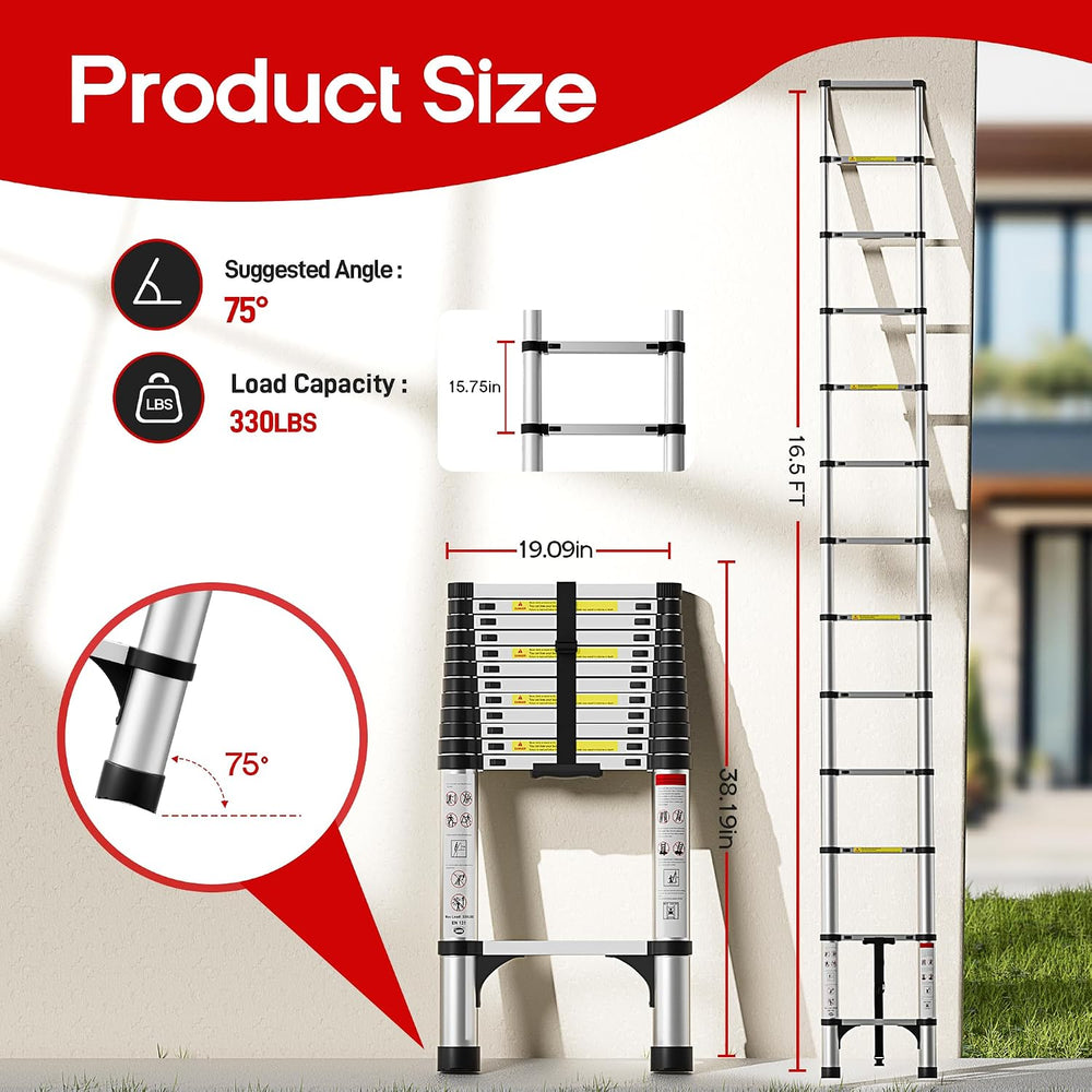 Telescoping Ladder 16.5 FT, 330 lbs Capacity; Silver