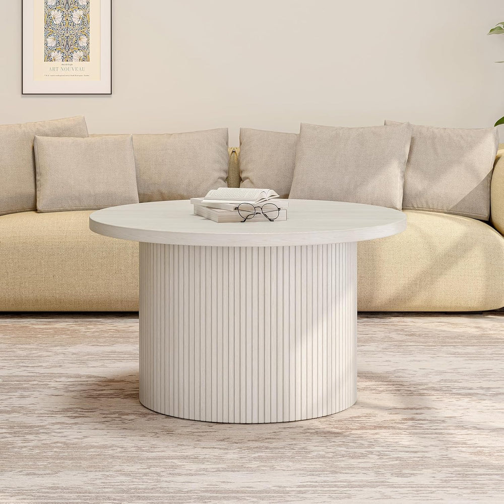 ONBRILL 31.5" Round Coffee Table, Tambour Design, White