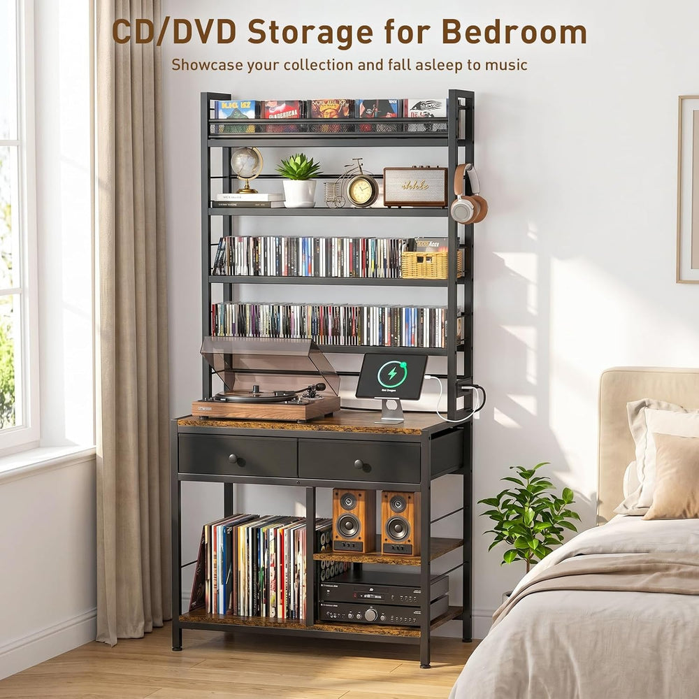 ikkle Tall CD Rack with Power Outlet & Drawers, 8-Tier DVD Storage Shelf