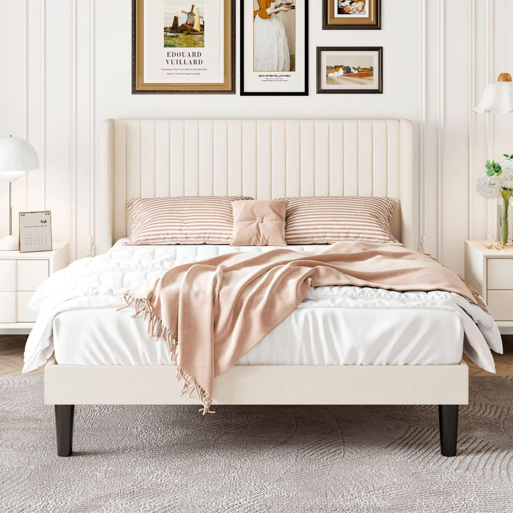 SHA CERLIN Queen Size Velvet Bed Frame, Tufted Wingback Headboard, Cream