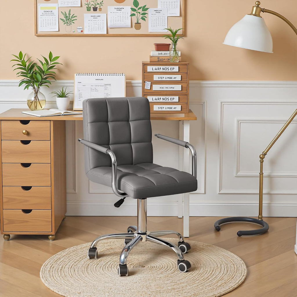 Furmax Small Office Chair with Wheels,Vanity PU Leather Desk Chair Modern Adjustable Home Desk Retro Comfortable Work Chair 360 Degree Swivel with Arms (Grey)
