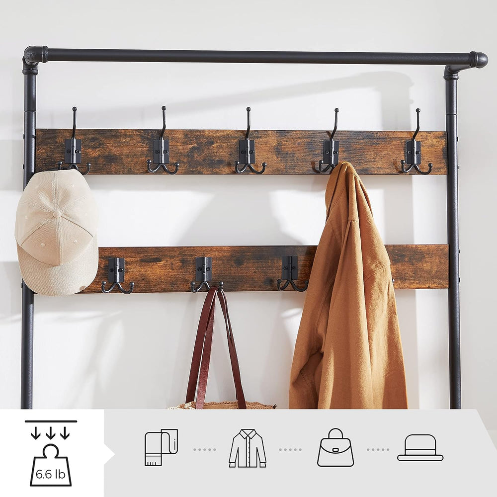 VASAGLE Coat Rack and Storage Bench, Hall Tree with 9 Hooks, Steel Frame