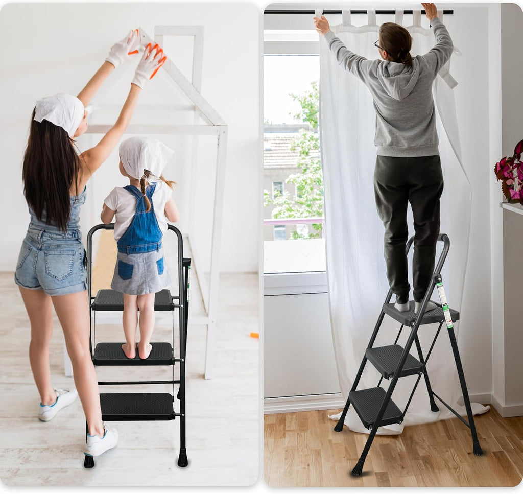 Arbusb Step Ladder, Folding Steel Ladder with Handrail & Wide Pedals