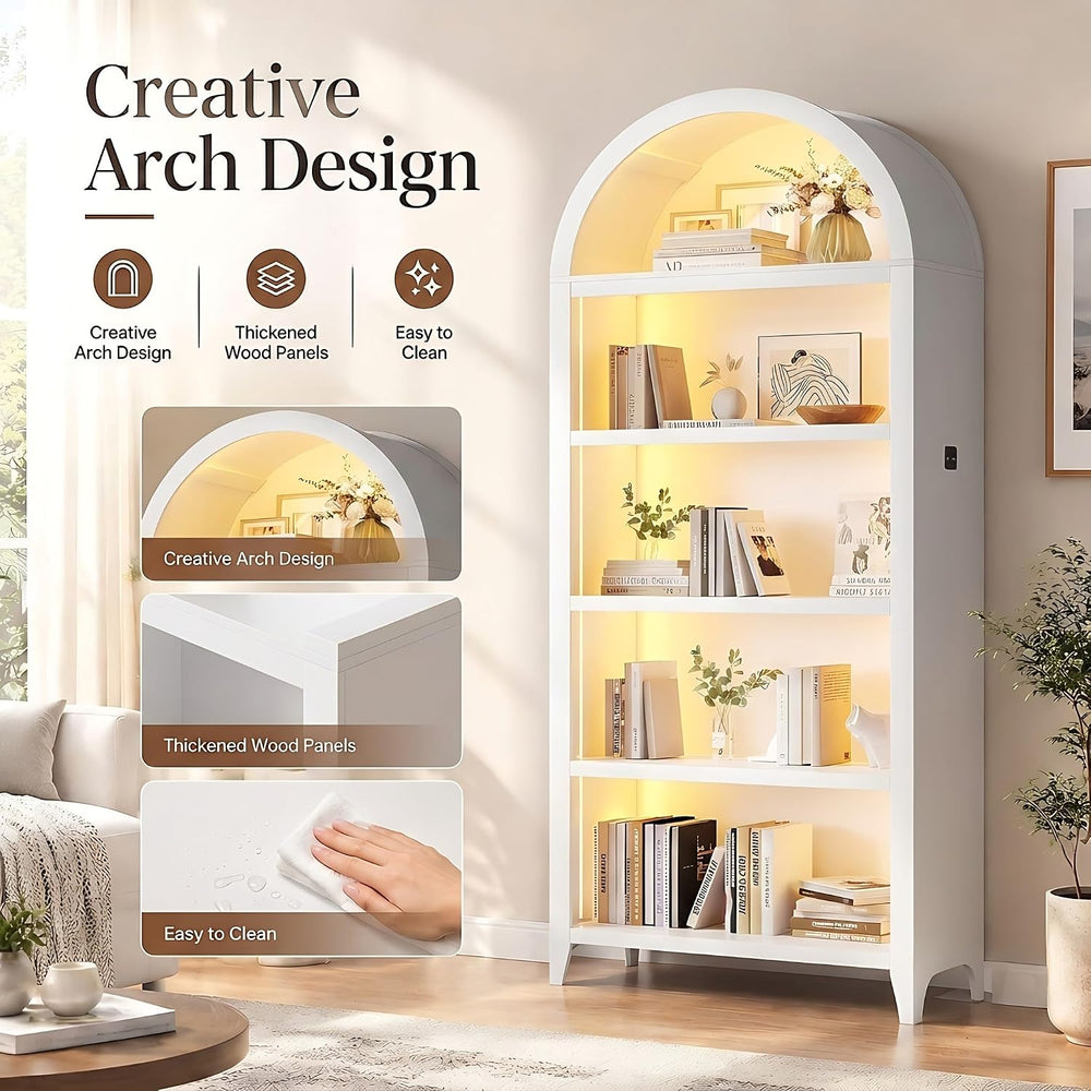 5-Tiber Arched Bookcase with 3-Color Lights & Motion Sensor, White