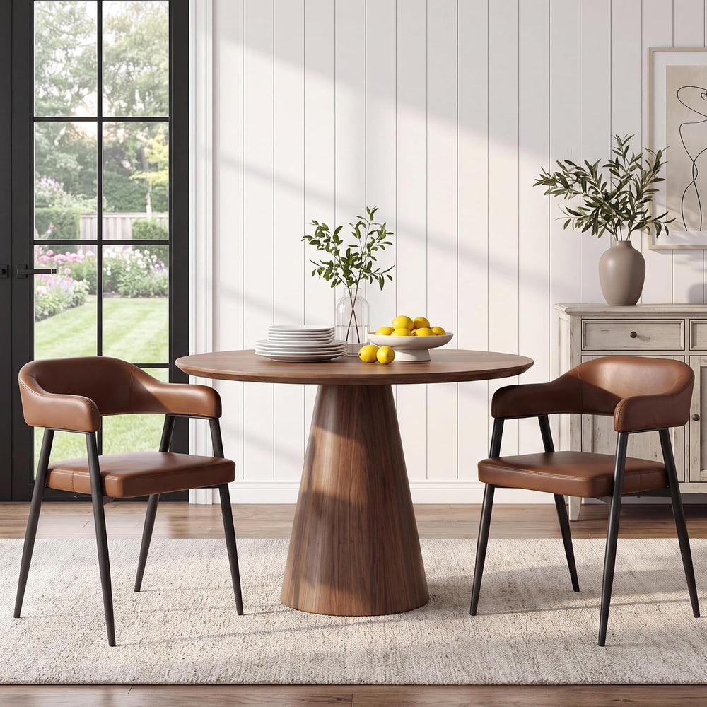 HNY Modern Dining Chairs with Arms Set of 2, Brown Retro Faux Leather Chair