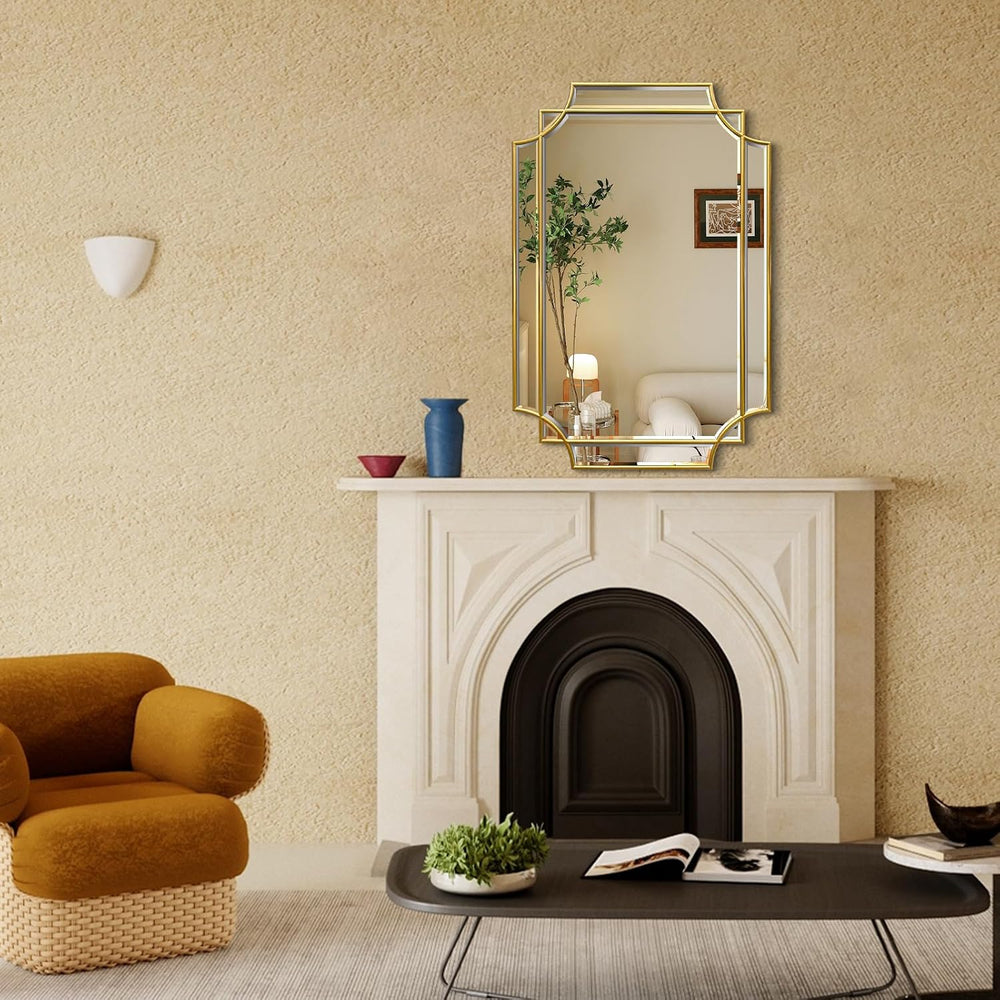 HQiJun 30x20 Inch Gold Bathroom Mirror, Wooden Frame with Scalloped Polished ...